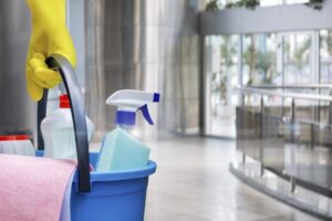 Cleaning lady with a bucket and cleaning products before washing the floor.